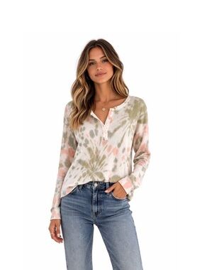 RAILS Cade Waffle Knit Pastel Pink & Green Tie Dye Henley L/S Boho Top S
